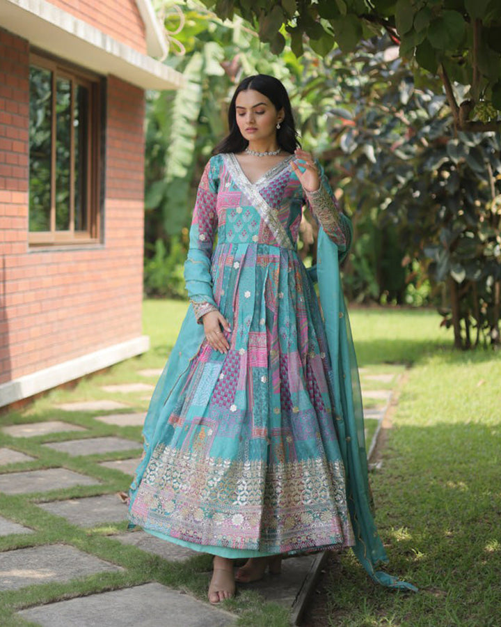 Wedding Wear Embroidery Sky Blue Color Gown With Dupatta  - By Qivii