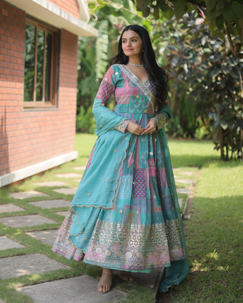 Wedding Wear Embroidery Sky Blue Color Gown With Dupatta  - By Qivii