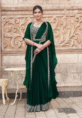 Dark Green Sequins With Hand Work Ready To Wear Saree With Cap