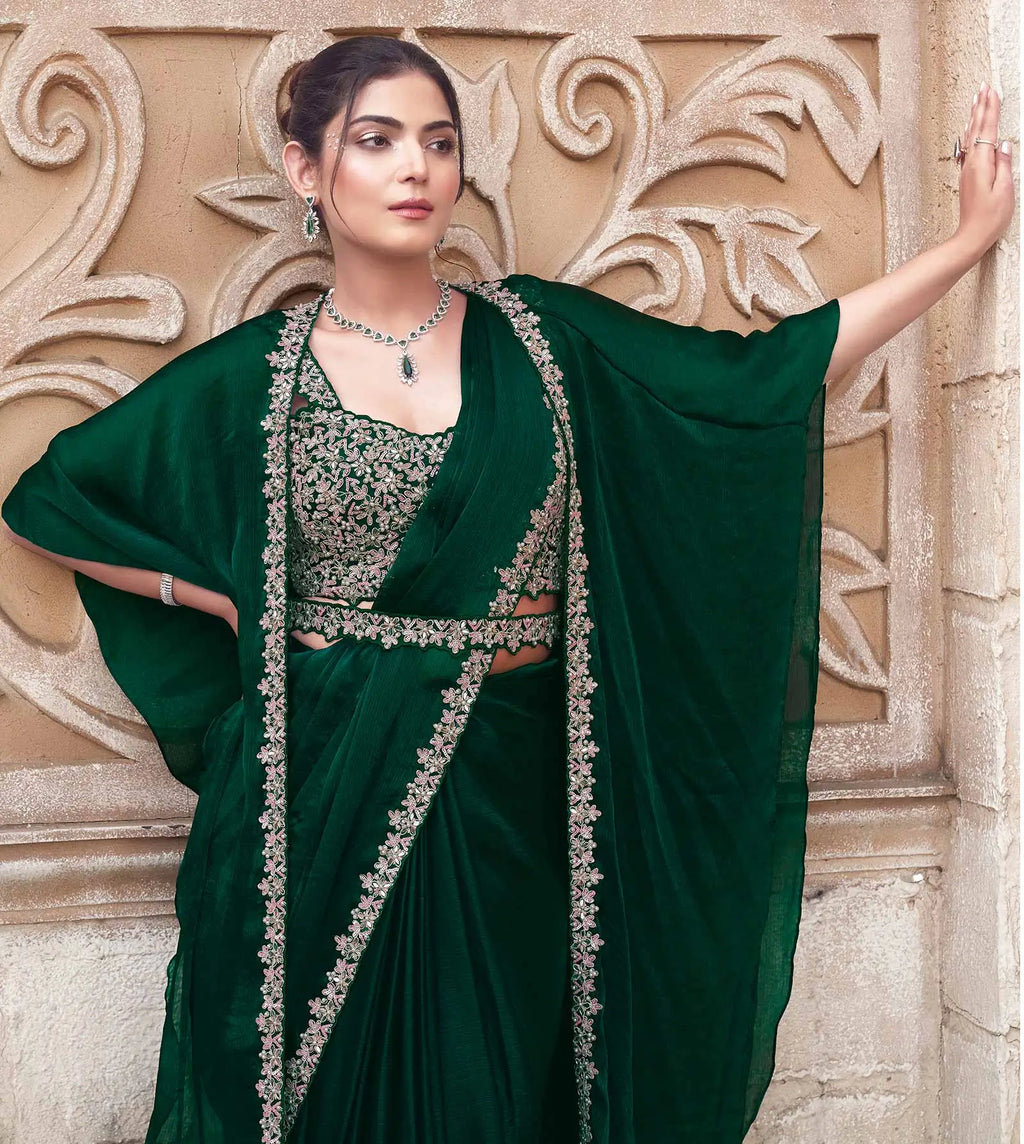 Dark Green Sequins With Hand Work Ready To Wear Saree With Cap