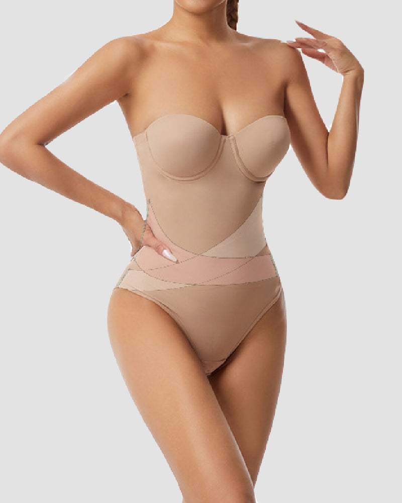 Women's Strapless Built-in Bra X Cross Tummy Control Bodysuit  - By Qivii