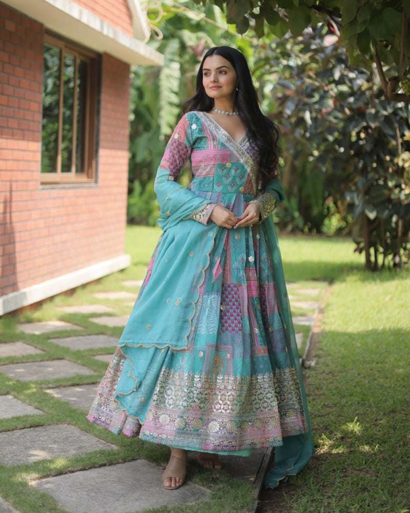 Wedding Wear Embroidery Sky Blue Color Gown With Dupatta  - By Qivii