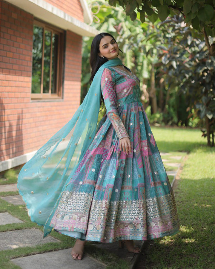 Wedding Wear Embroidery Sky Blue Color Gown With Dupatta  - By Qivii