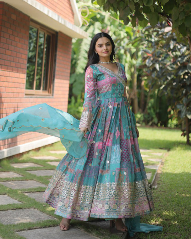 Wedding Wear Embroidery Sky Blue Color Gown With Dupatta  - By Qivii