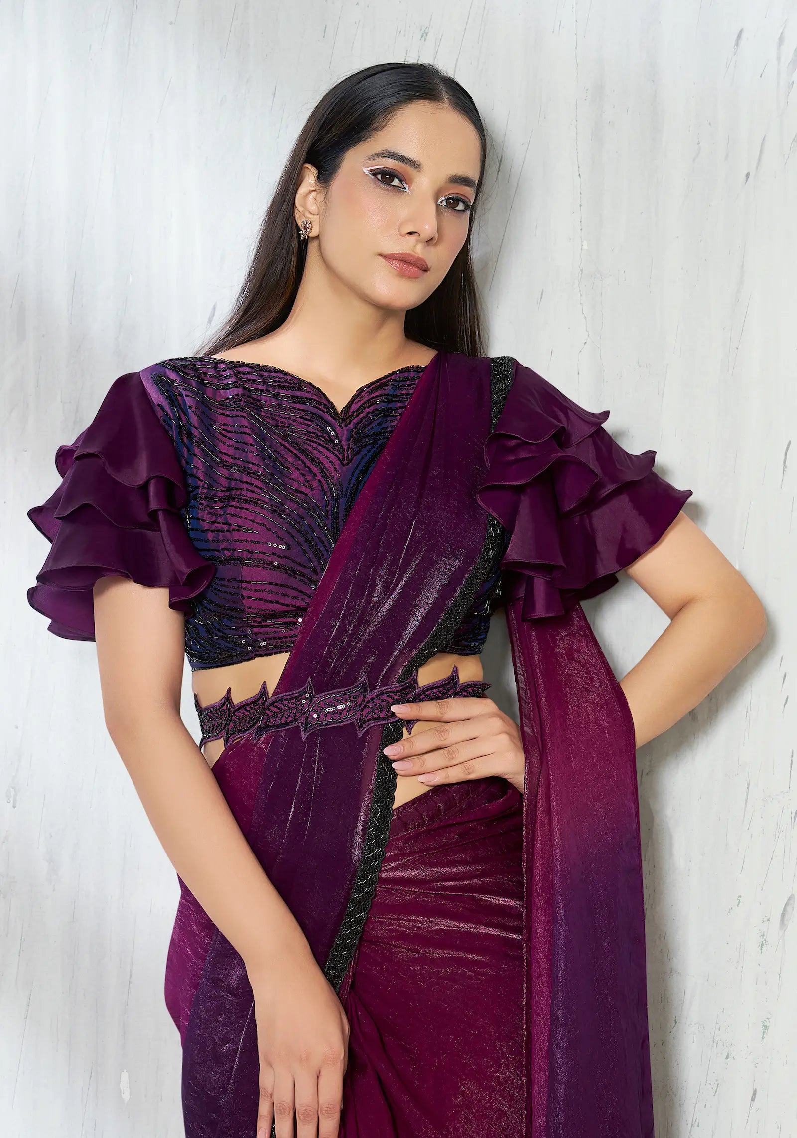 Berry Wine Shaded Satin Silk Beads Work One Minute Saree - qivii