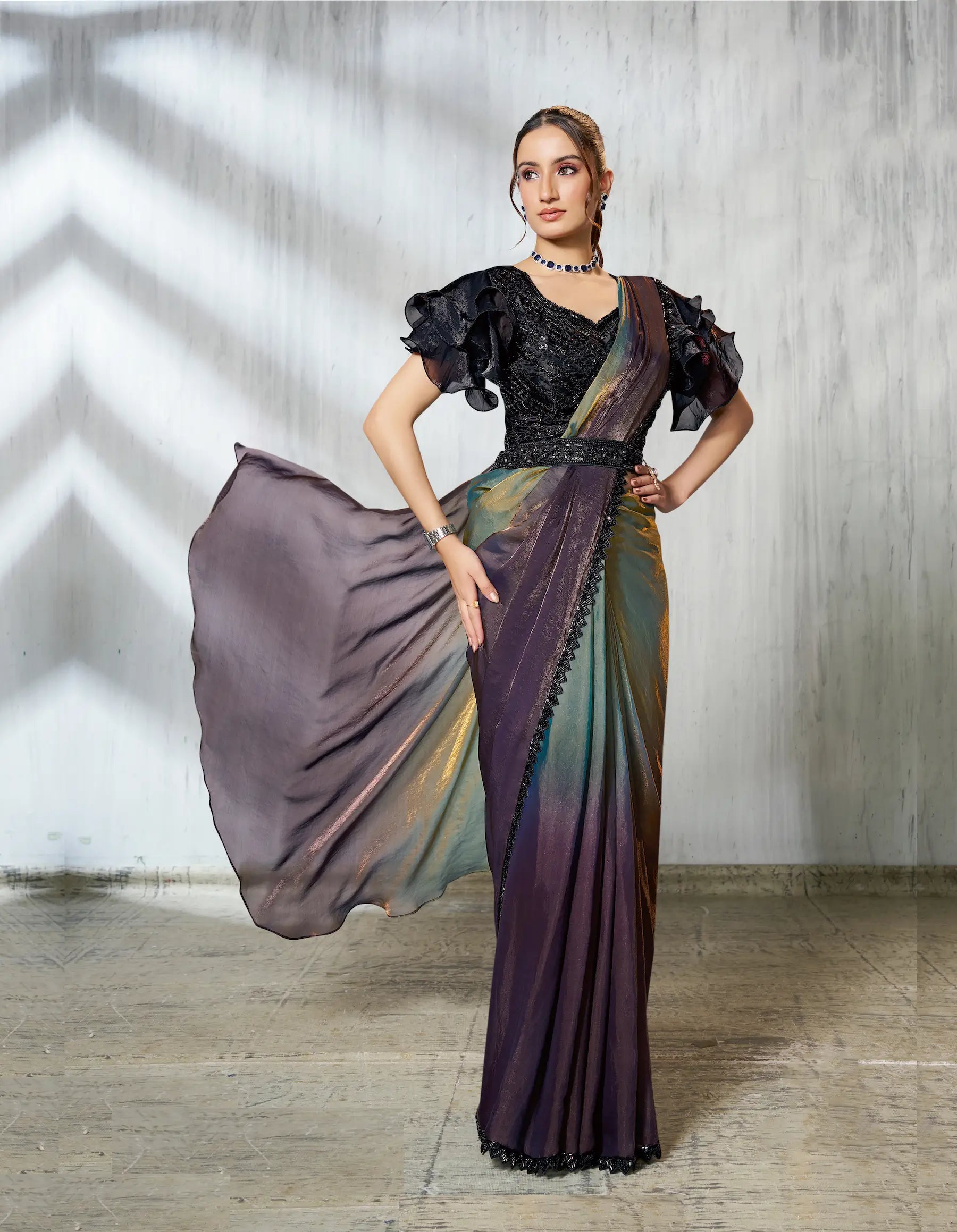 Charcoal Grey Shaded Satin Silk Beads Work One Minute Saree - qivii