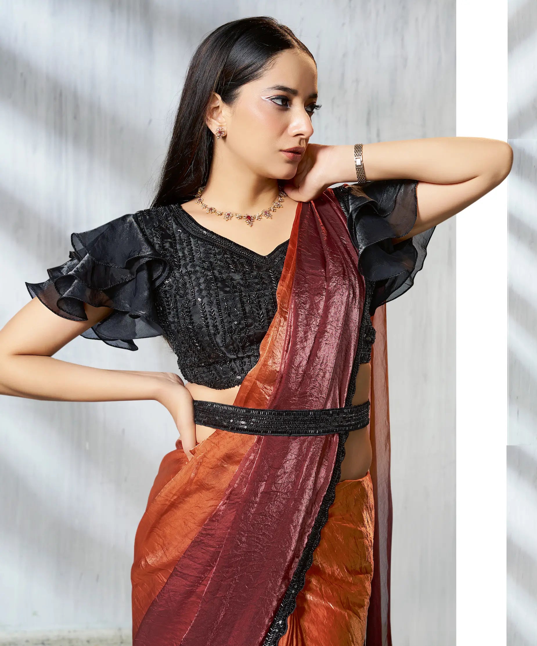 Orange-Brown Shaded Satin Silk Beads Work One Minute Saree - qivii