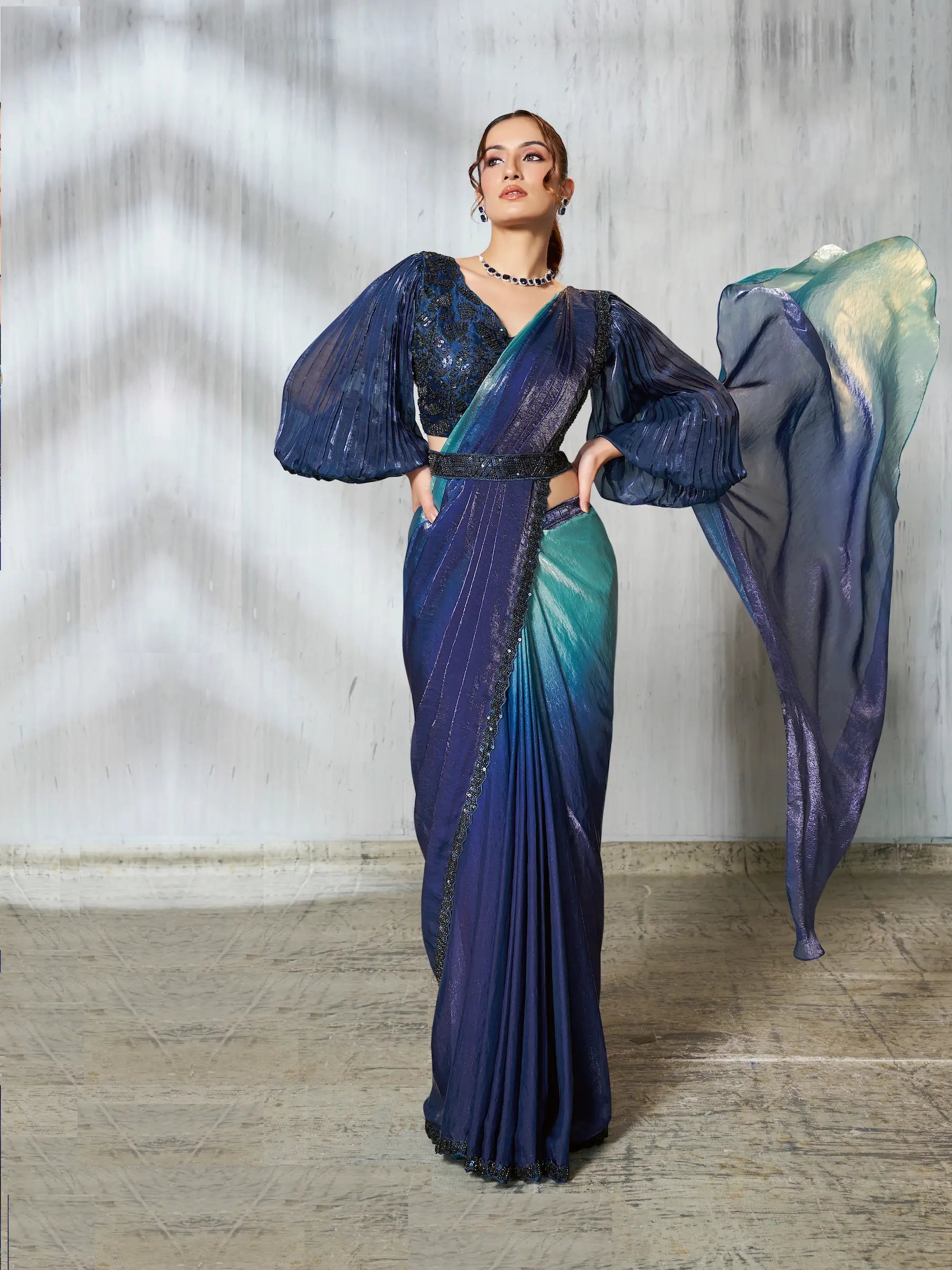 Navy Blue Shaded Satin Silk Beads Work One Minute Saree - qivii