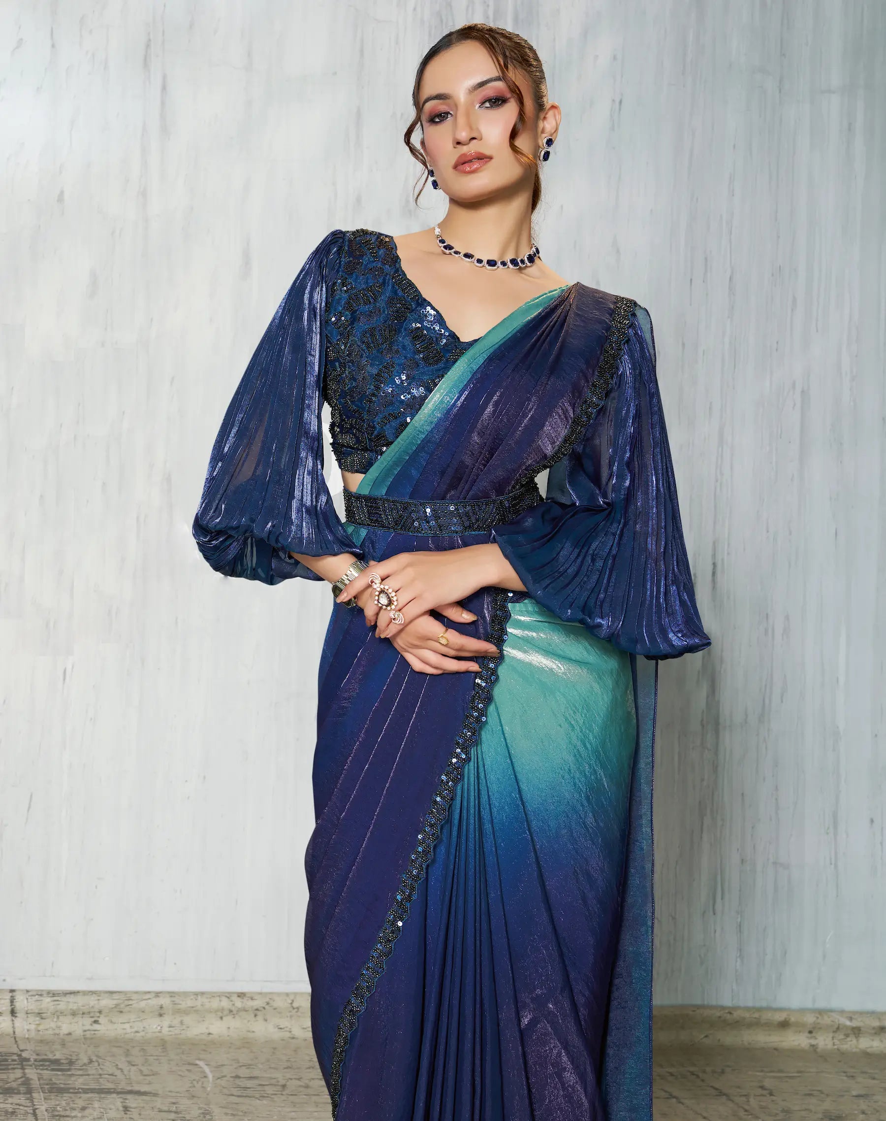 Navy Blue Shaded Satin Silk Beads Work One Minute Saree - qivii