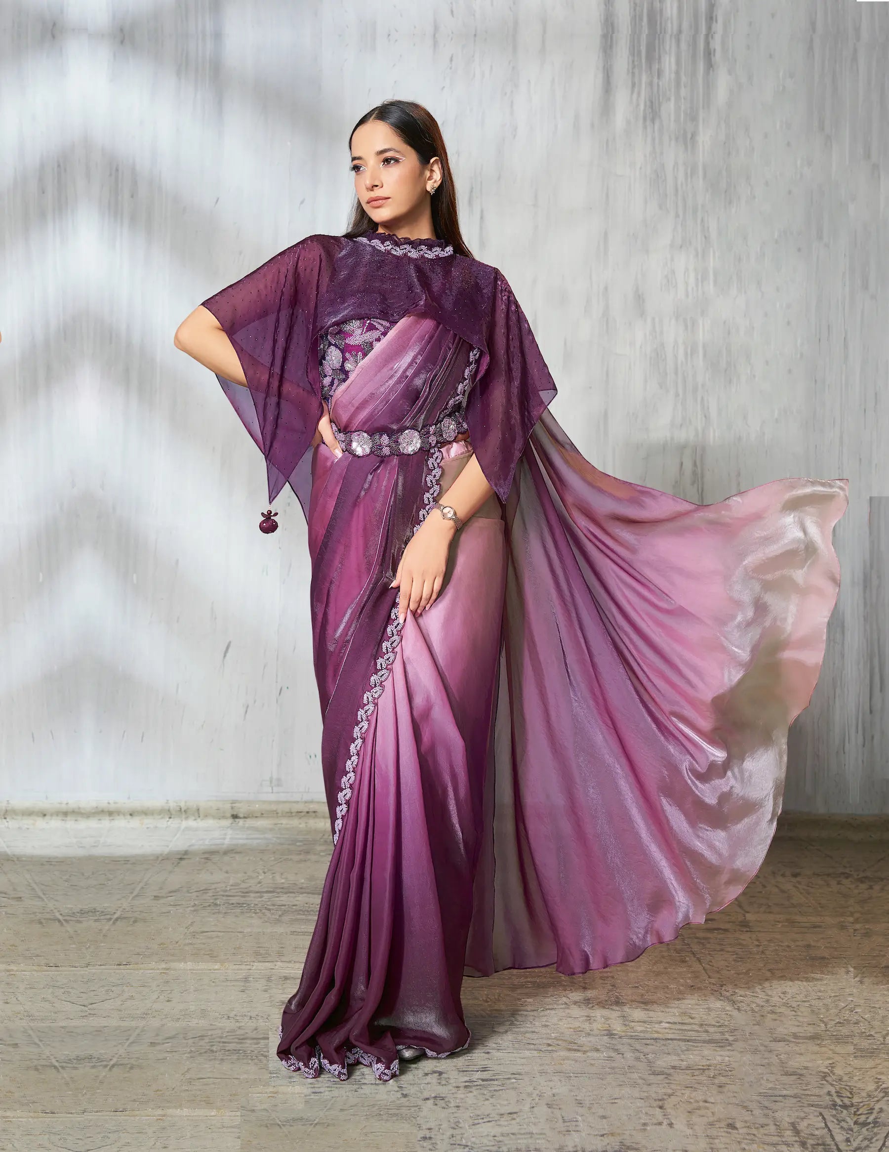 Grape Purple Shaded Satin Silk Beads Work One Minute Saree - qivii