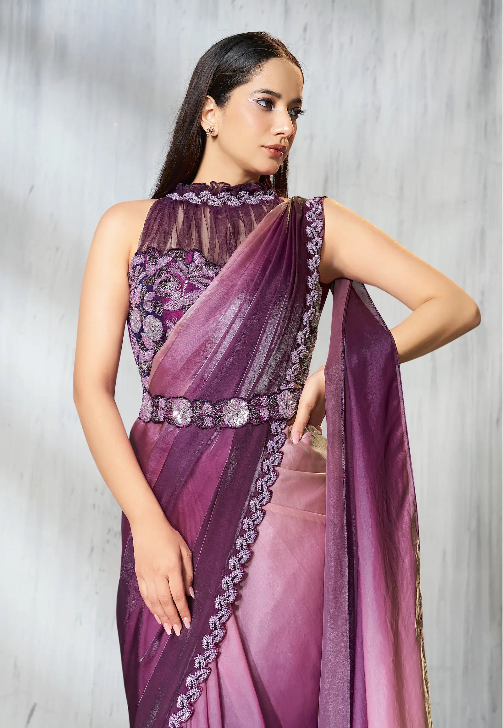 Grape Purple Shaded Satin Silk Beads Work One Minute Saree - qivii