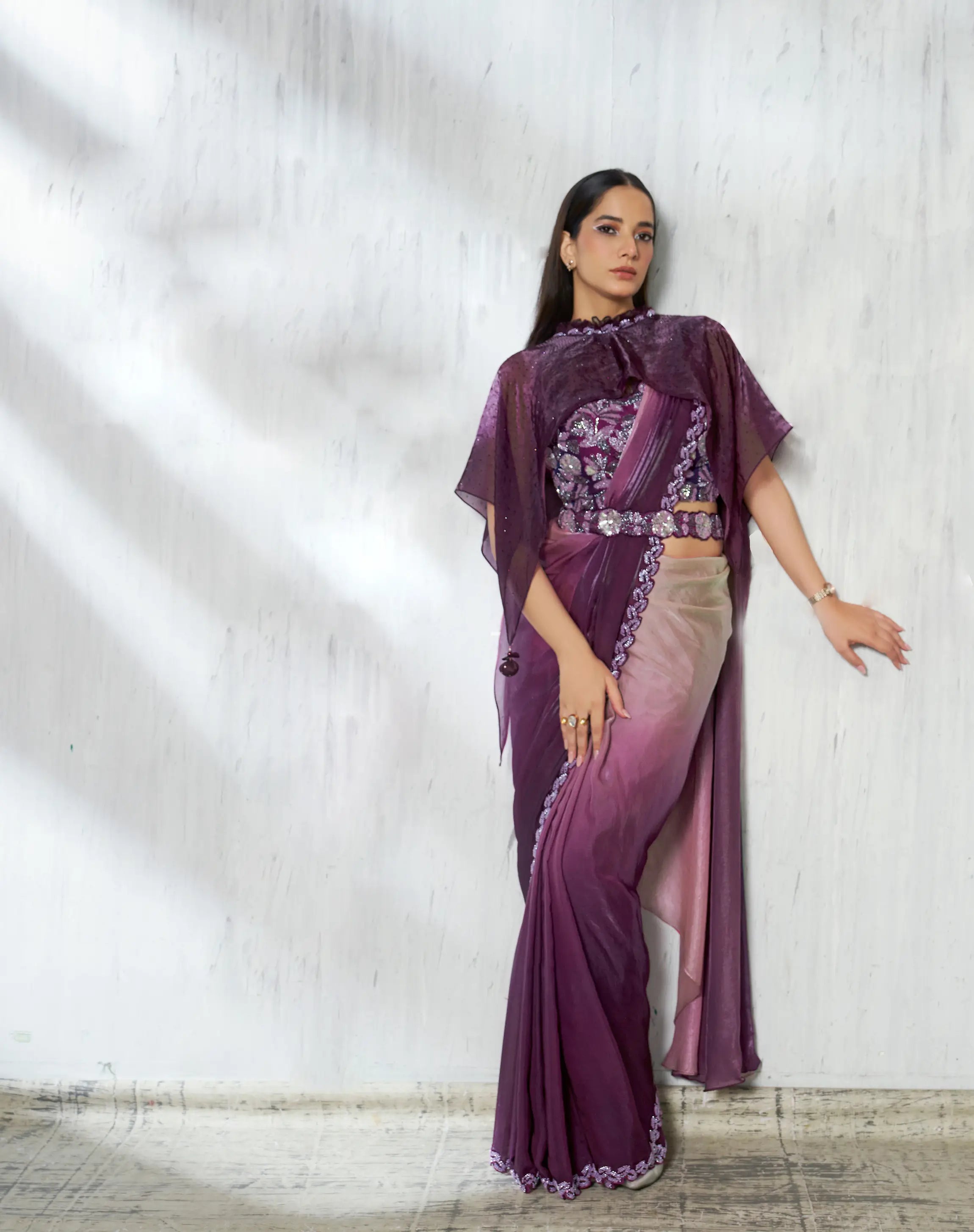 Grape Purple Shaded Satin Silk Beads Work One Minute Saree - qivii