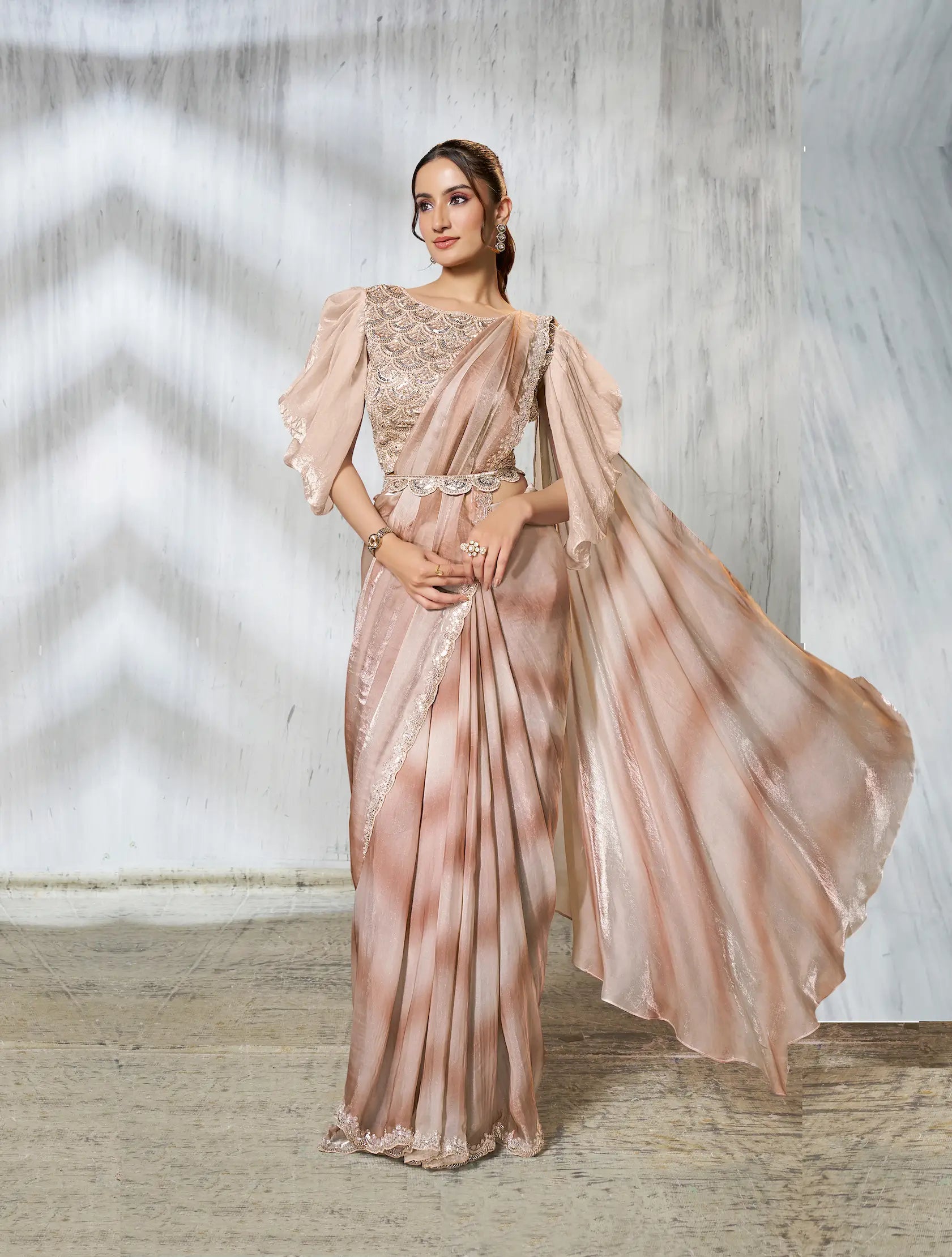 Light Beige Shaded Satin Silk Beads Work One Minute Saree - qivii