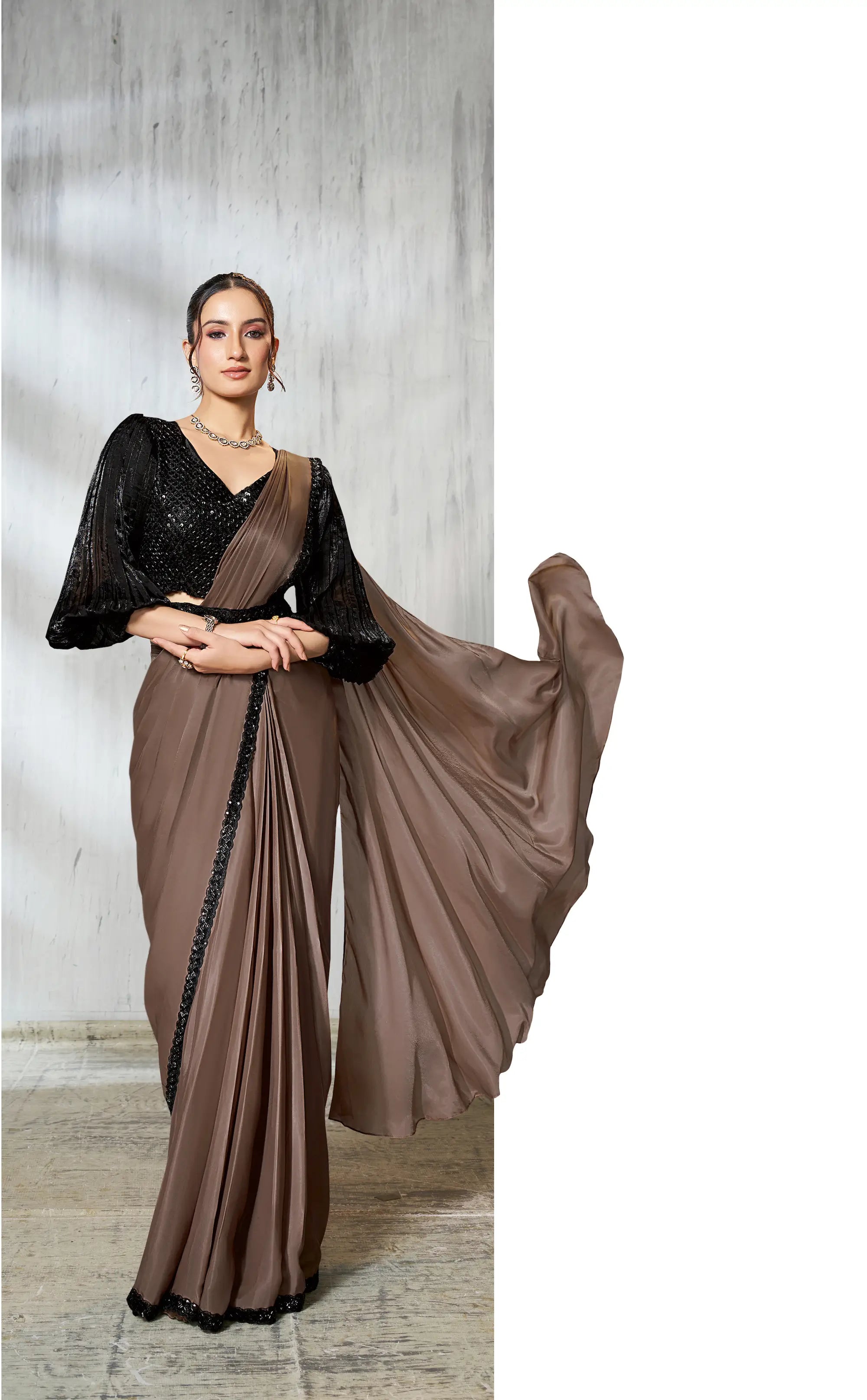 Pastel Brown Shaded Satin Silk Beads Work One Minute Saree - qivii