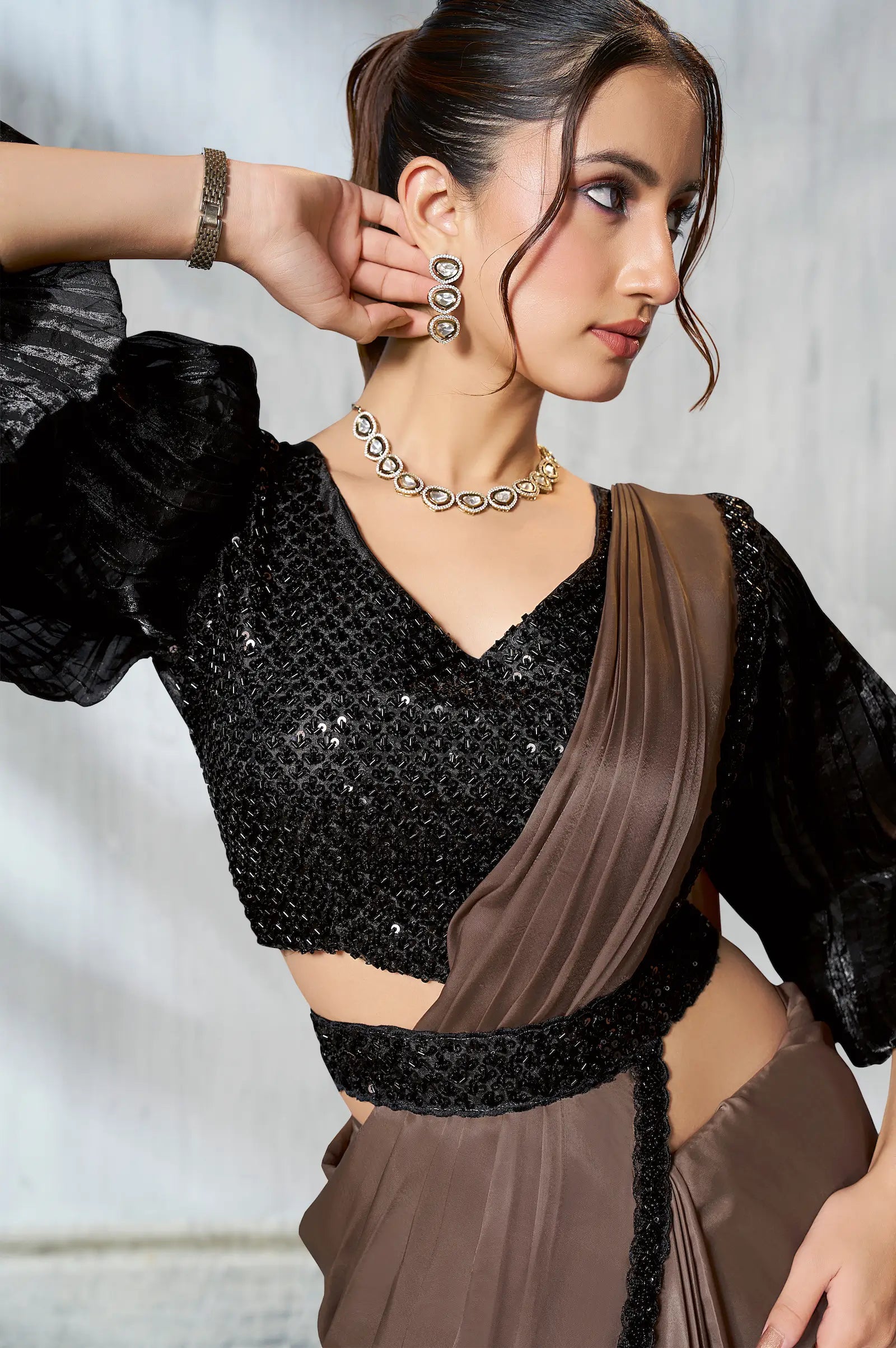 Pastel Brown Shaded Satin Silk Beads Work One Minute Saree - qivii