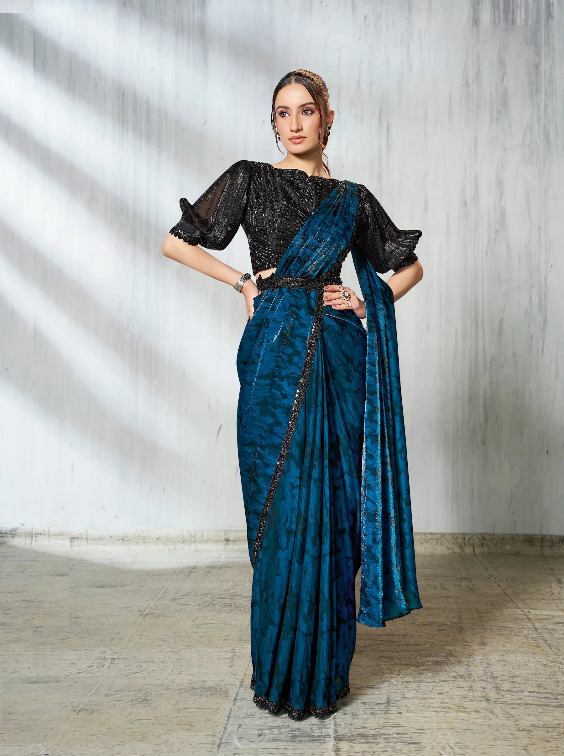 Venice Blue Shaded Satin Silk Beads Work One Minute Saree - qivii