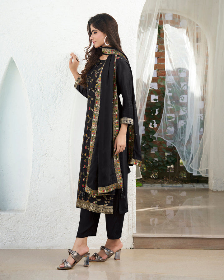 Black Dola Silk Jacquard Kurta . Paired with Santoon Trouser and Chinon Dupatta