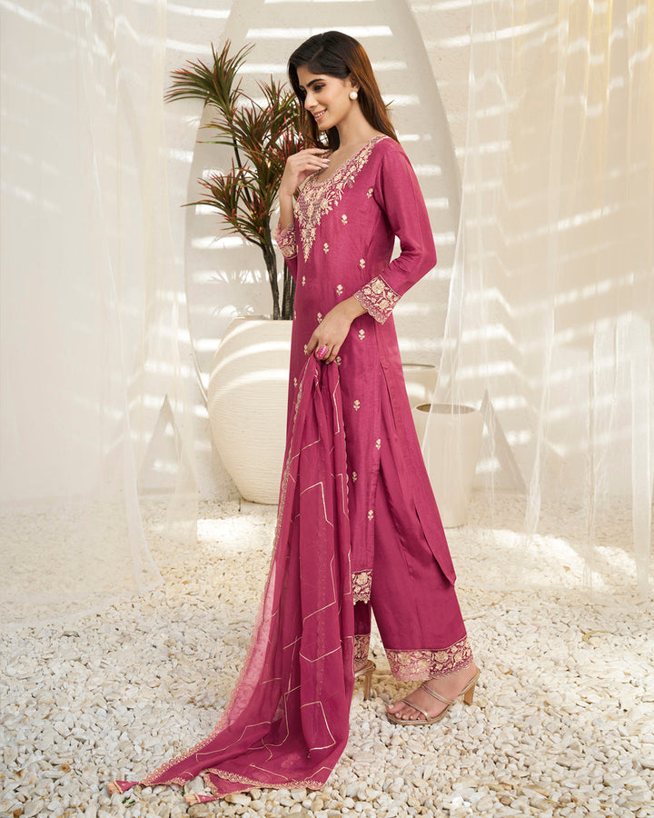 Cherry Pink Dola Silk Kurta. Paired with Santoon Straight Pants and Organza Dupatta