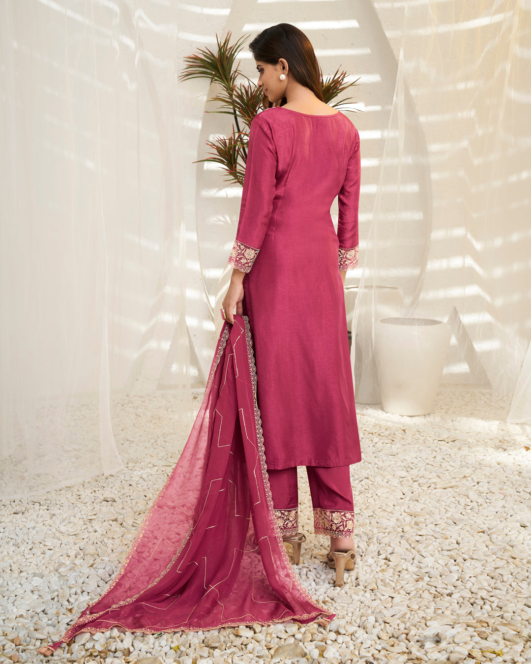 Cherry Pink Dola Silk Kurta. Paired with Santoon Straight Pants and Organza Dupatta