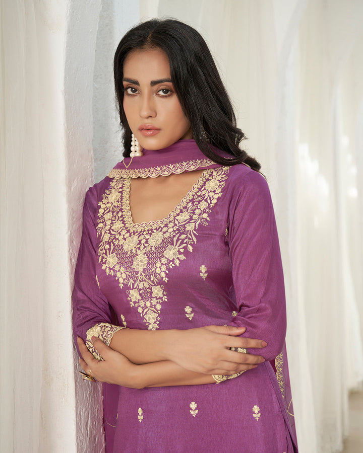 Plum Purple Dola Silk Kurta. Paired with Santoon Straight Pants and Organza Dupatta