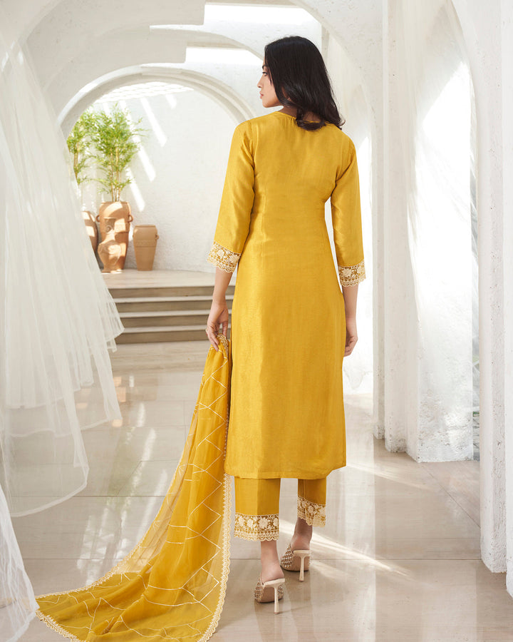 Amber Yellow Dola Silk Kurta . Paired with Santoon Straight Pants and Organza Dupatta