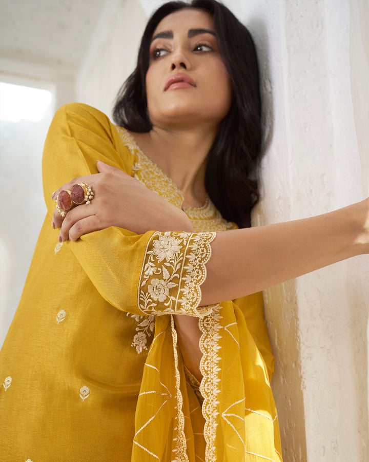 Amber Yellow Dola Silk Kurta . Paired with Santoon Straight Pants and Organza Dupatta