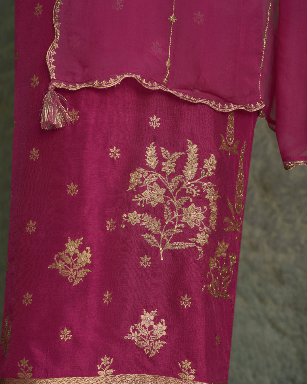 Light Wine Purple Dola Silk Kurta . Paired with Santoon Straight Pants and Organza Dupatta