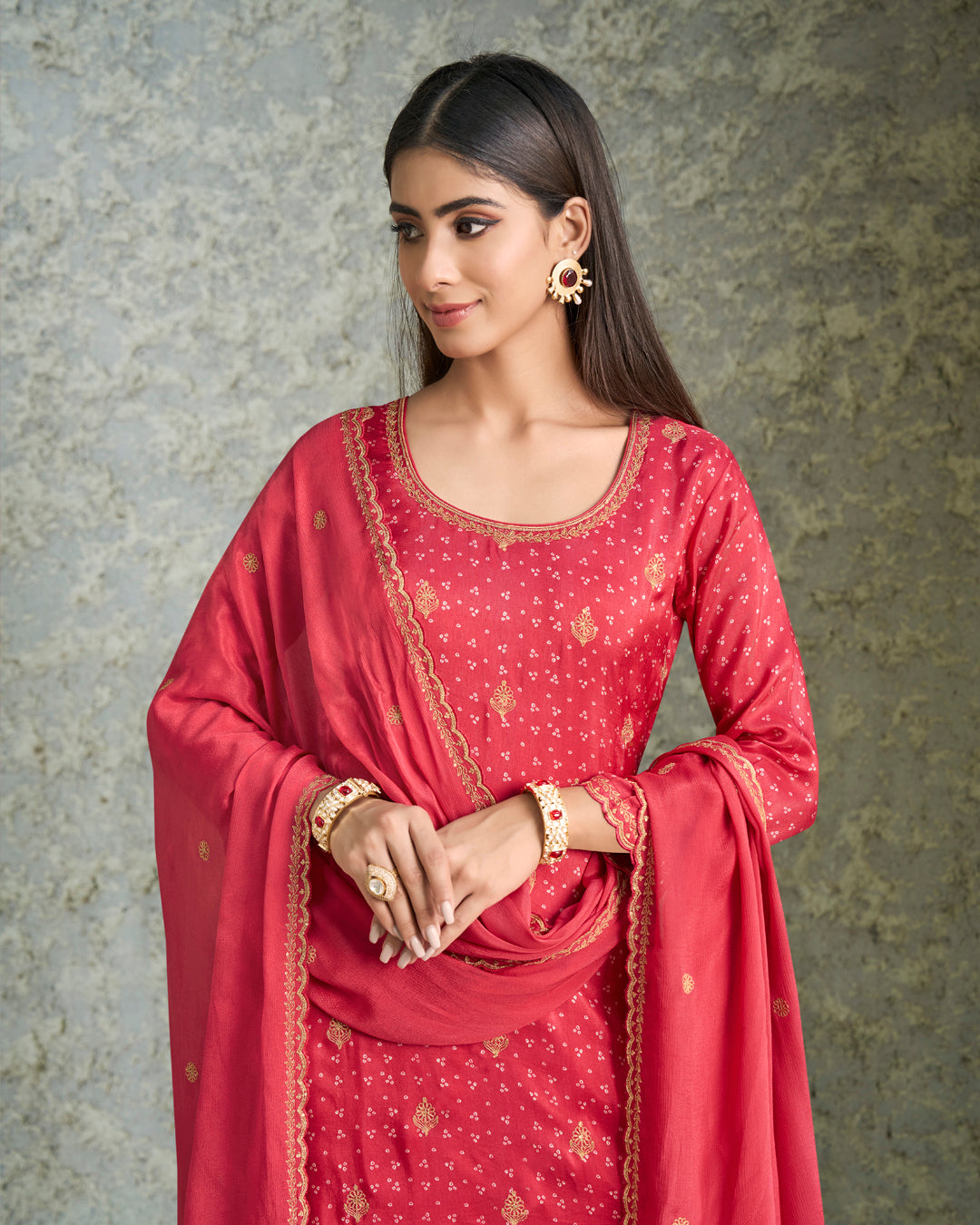 Salsa Red Dola Silk Kurta with Bandhni Print & Zari Work. Paired with Santoon Straight Pants and Chinon Dupatta