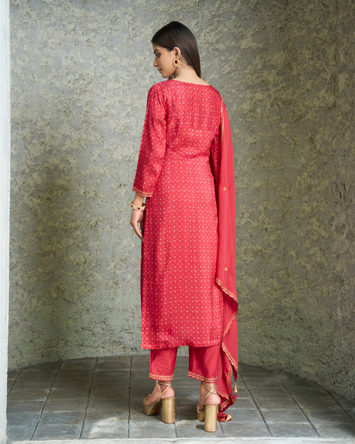 Salsa Red Dola Silk Kurta with Bandhni Print & Zari Work. Paired with Santoon Straight Pants and Chinon Dupatta