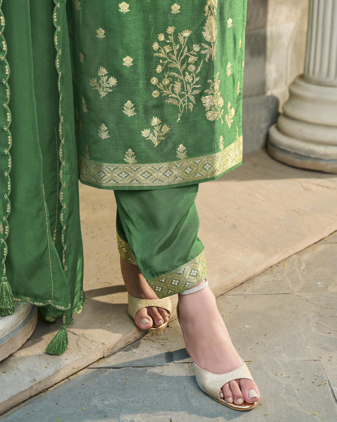 Sap Green Dola Silk Kurta paired with Santoon Straight Pants and Organza Dupatta