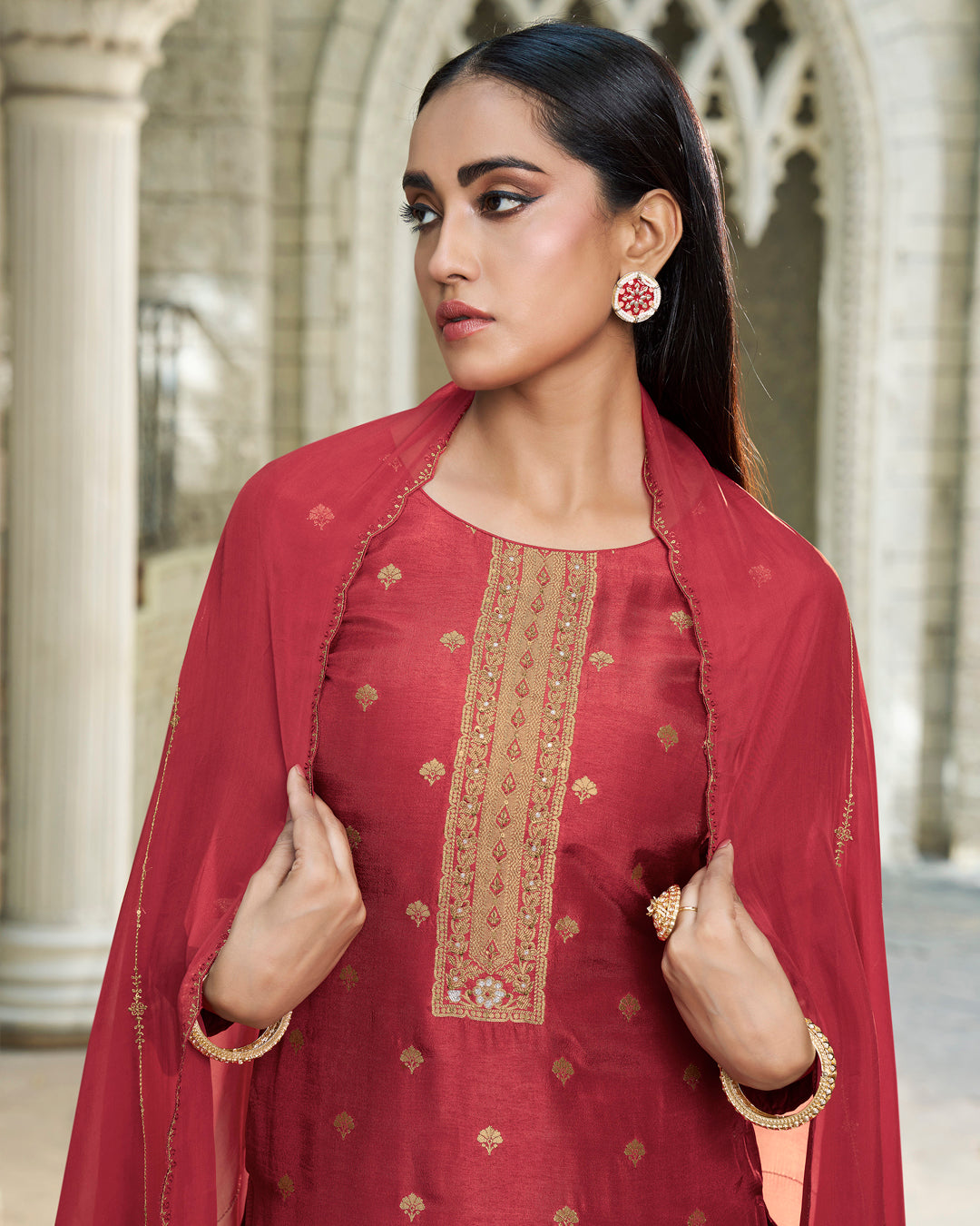 Scarlet Red Rose Dola Silk Kurta . Paired with Santoon Straight Pants and Organza Dupatta