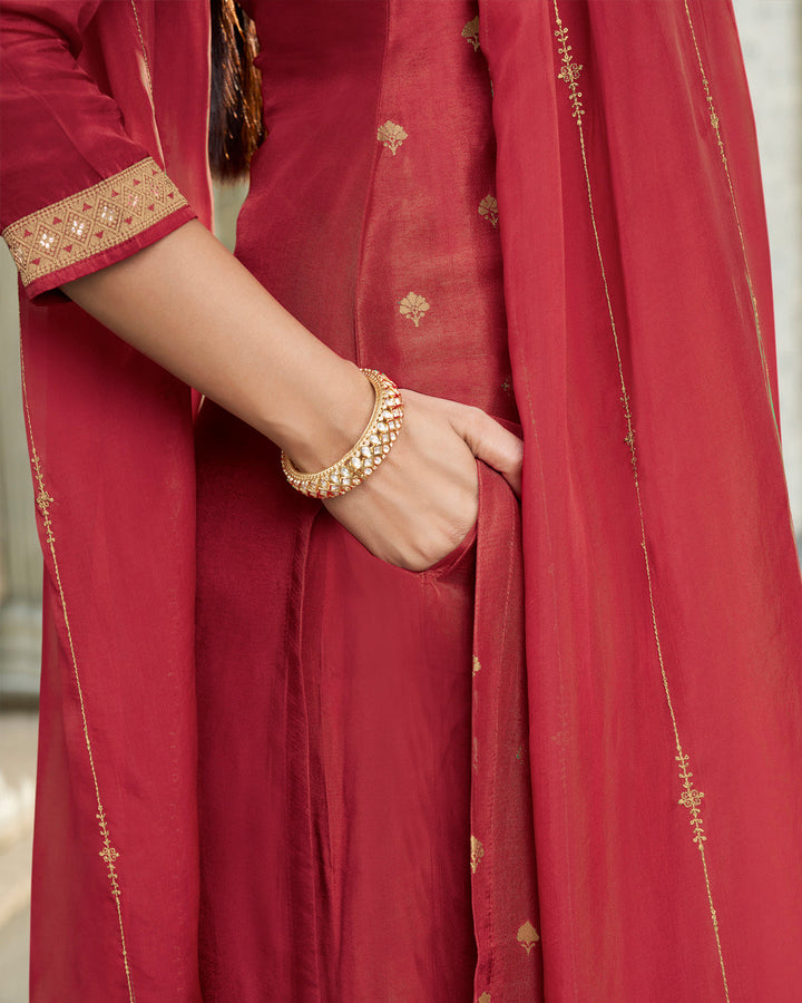 Scarlet Red Rose Dola Silk Kurta . Paired with Santoon Straight Pants and Organza Dupatta