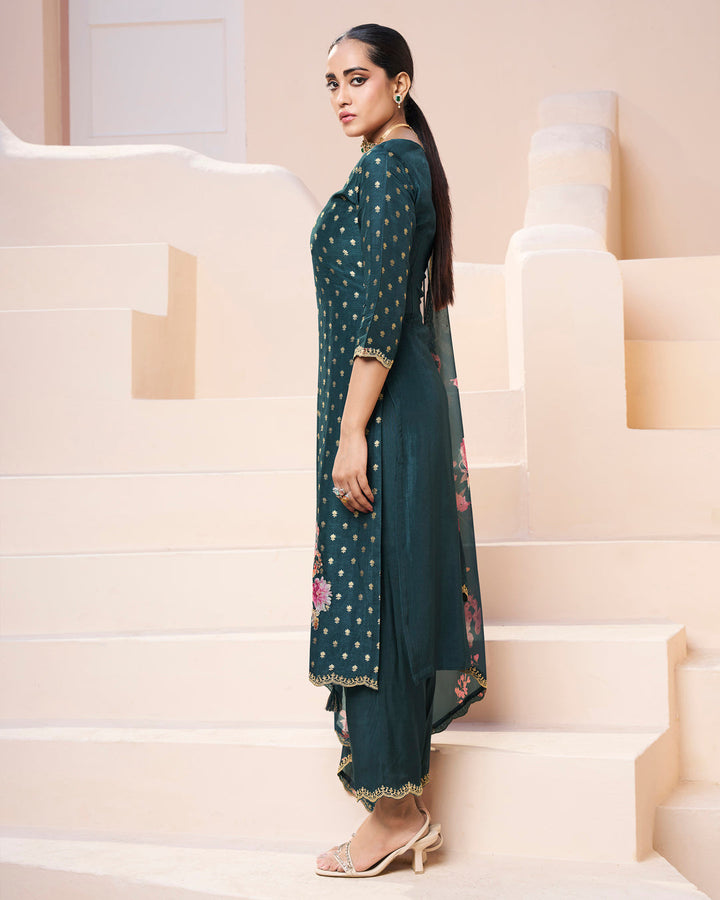 Dark Teal Blue Dola Silk Kurta. Paired with Santoon Straight Pants and Organza Scalloped Dupatta