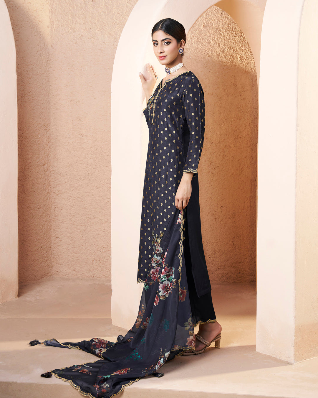 Dark Blue Black Dola Silk Kurta. Paired with Santoon Straight Pants and Organza Scalloped Dupatta