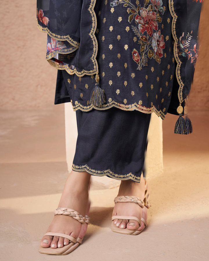 Dark Blue Black Dola Silk Kurta. Paired with Santoon Straight Pants and Organza Scalloped Dupatta