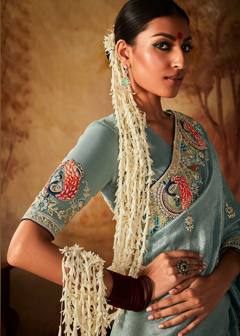 Columbia Blue Woven Banarasi Silk Saree with Sequin,Stone,Zardosi,Khatli & Pearl work - qivii