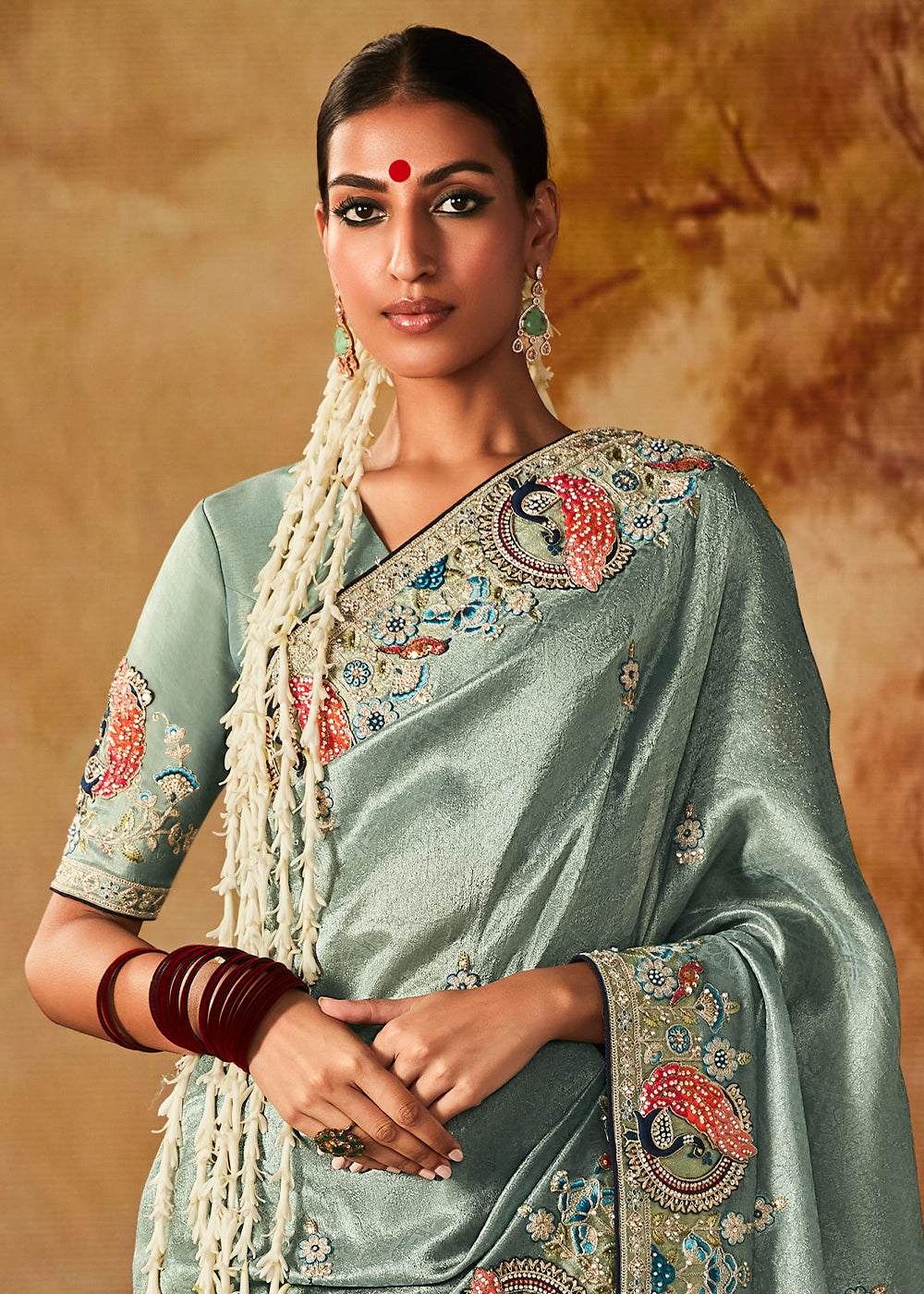 Columbia Blue Woven Banarasi Silk Saree with Sequin,Stone,Zardosi,Khatli & Pearl work - qivii