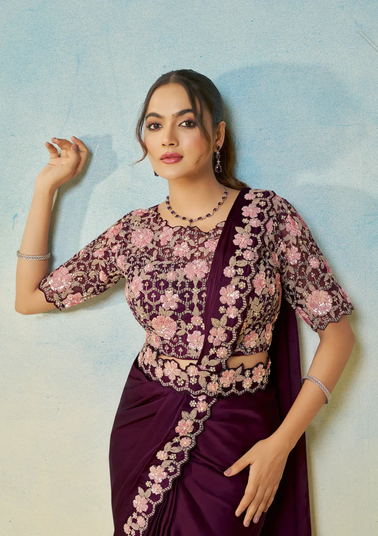 Berry Wine Embroidery & Hand Work One Minute Saree - qivii