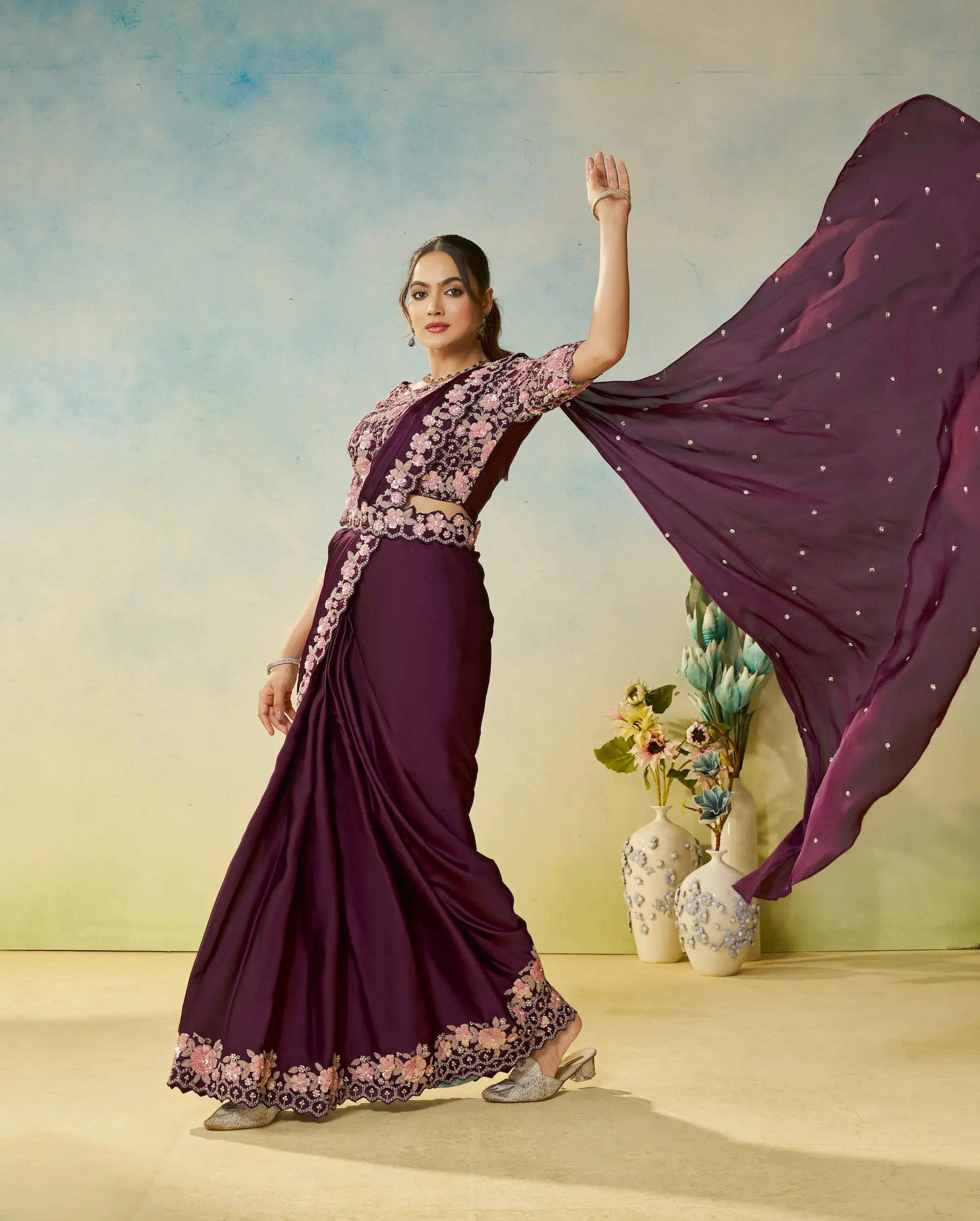 Berry Wine Embroidery & Hand Work One Minute Saree - qivii