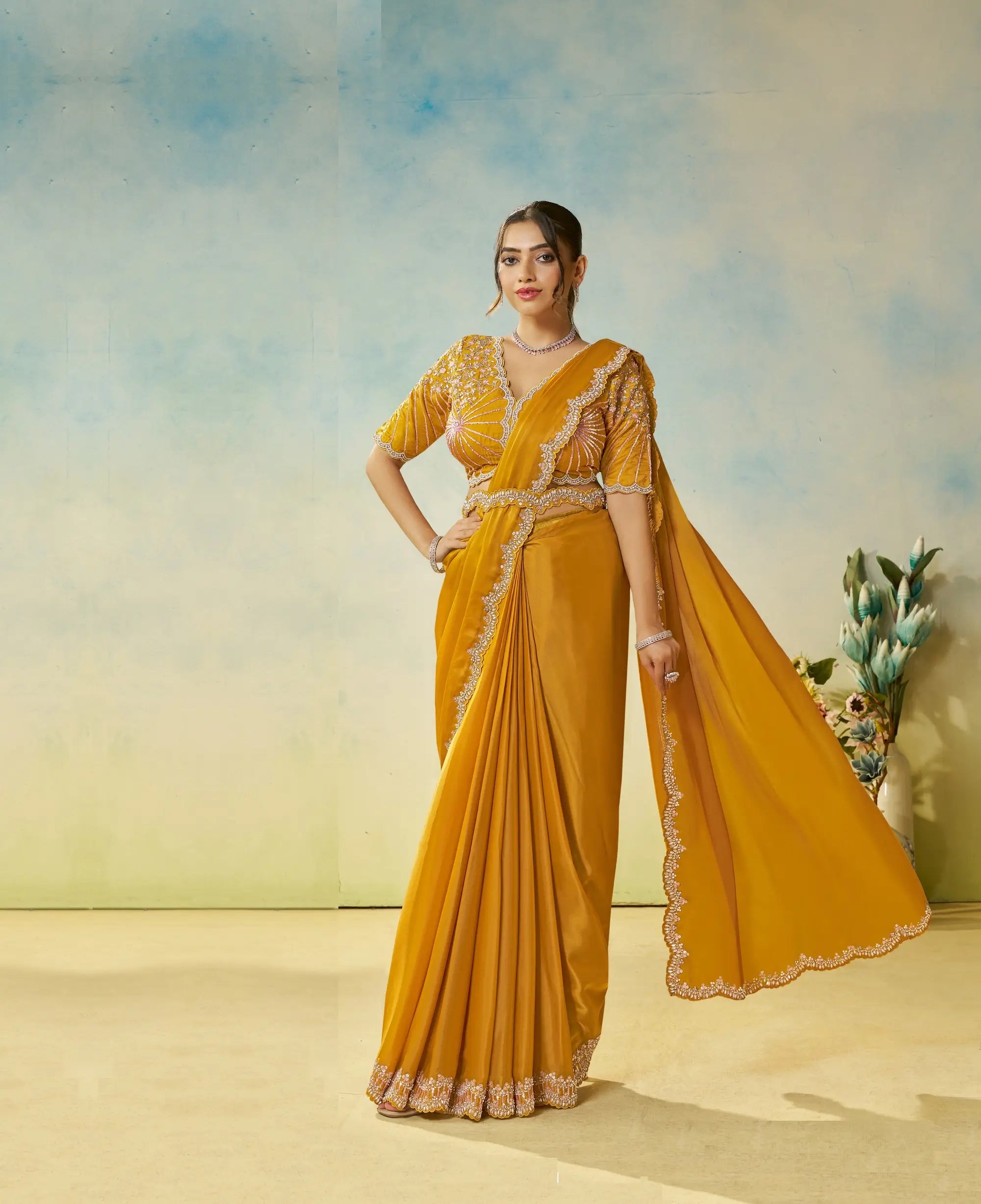 Burnt Yellow Embroidery & Hand Work One Minute Saree - qivii