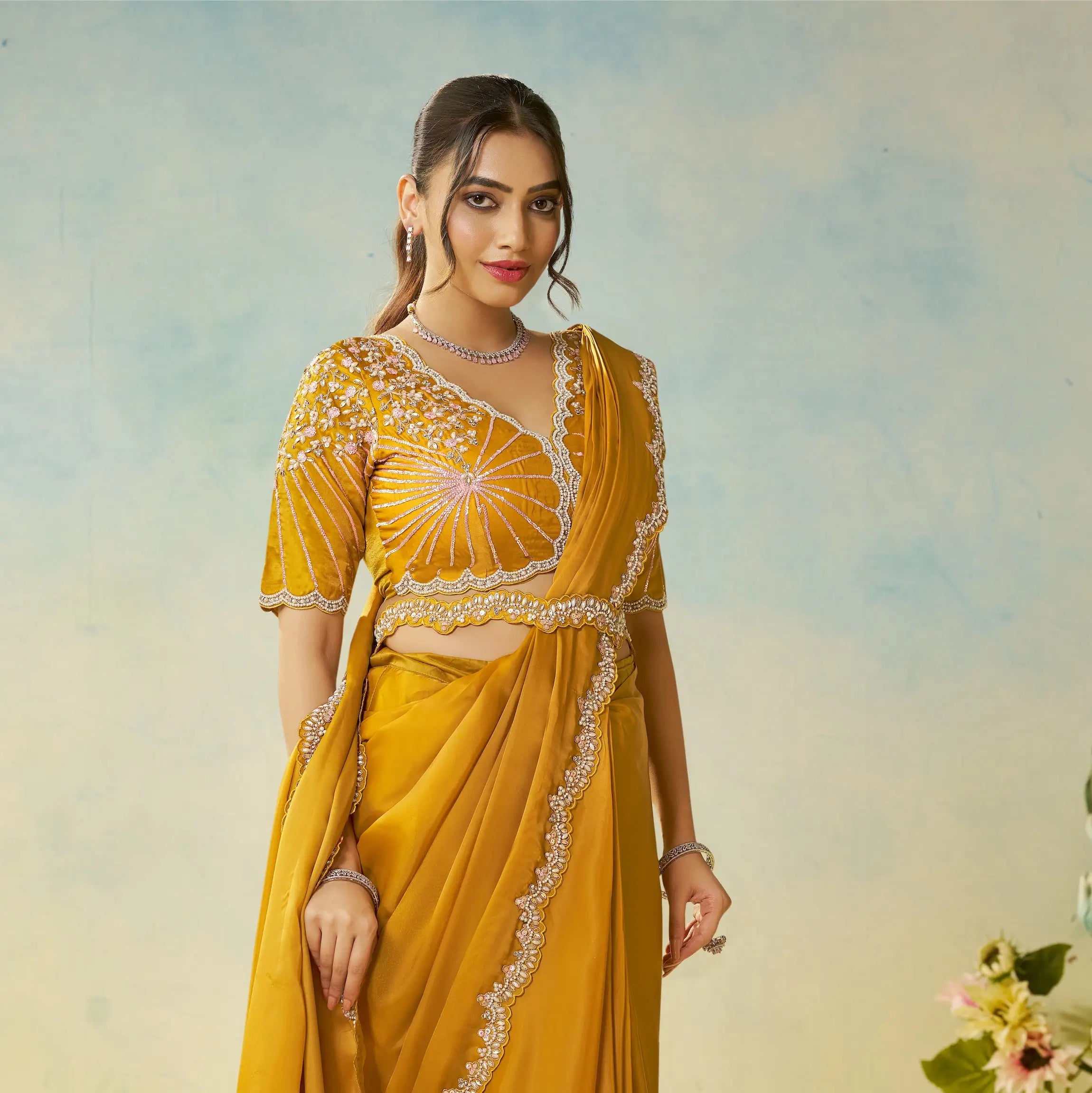 Burnt Yellow Embroidery & Hand Work One Minute Saree - qivii