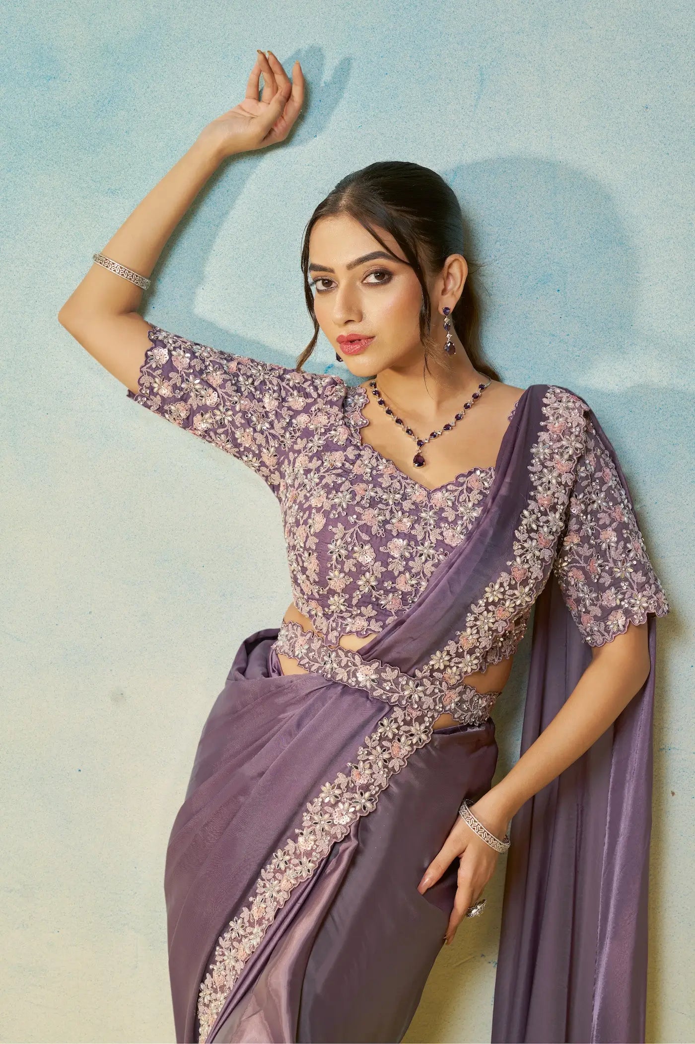 Dark Mauve Embroidery & Hand Work One Minute Saree - qivii