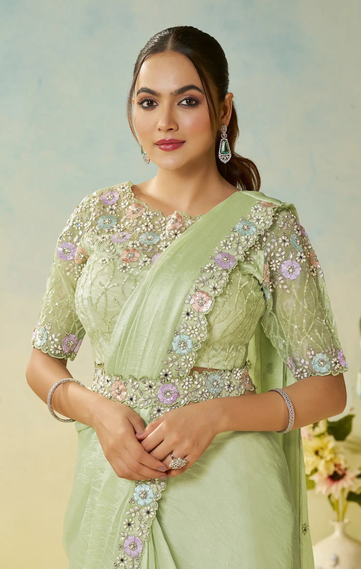 Pastel Green Embroidery & Hand Work One Minute Saree - qivii