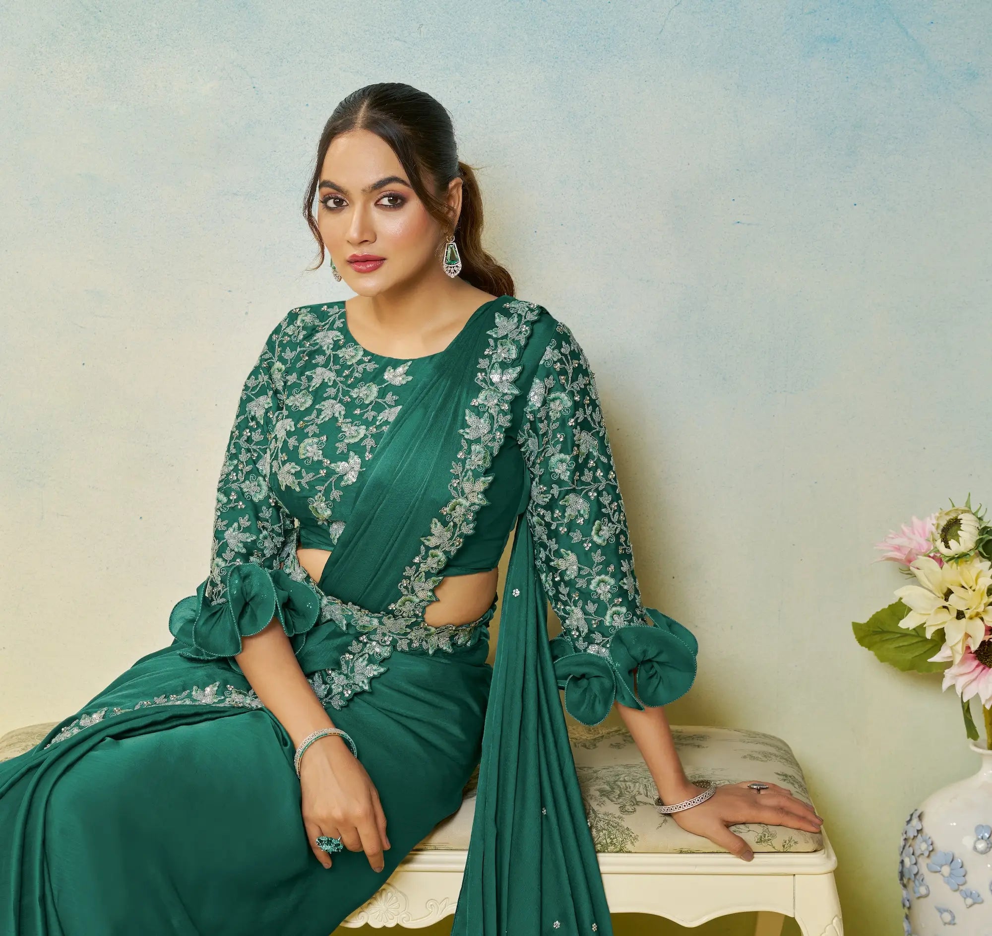 Smoky Green Embroidery & Hand Work One Minute Saree - qivii