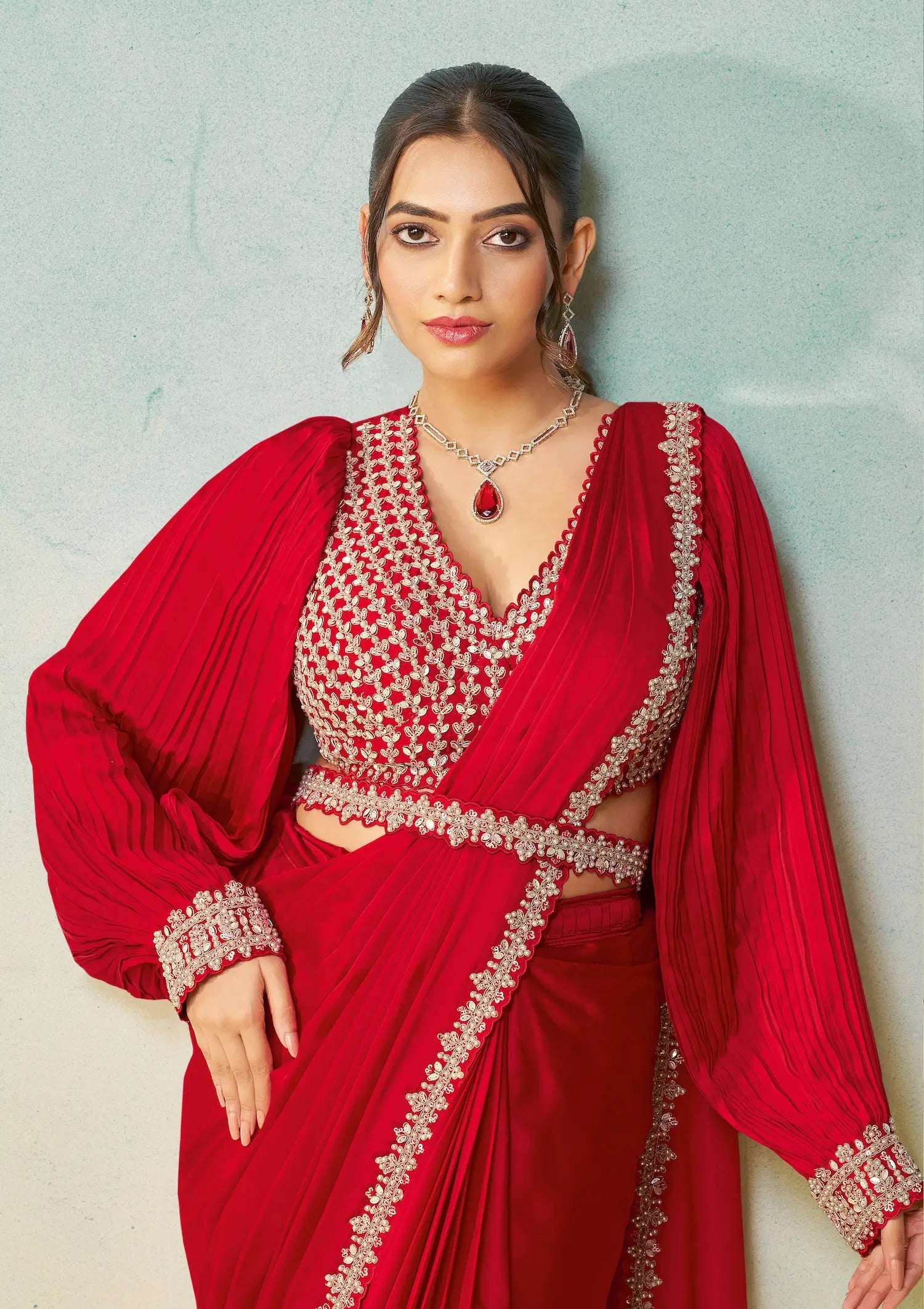 Classic Red Embroidery & Hand Work One Minute Saree - qivii