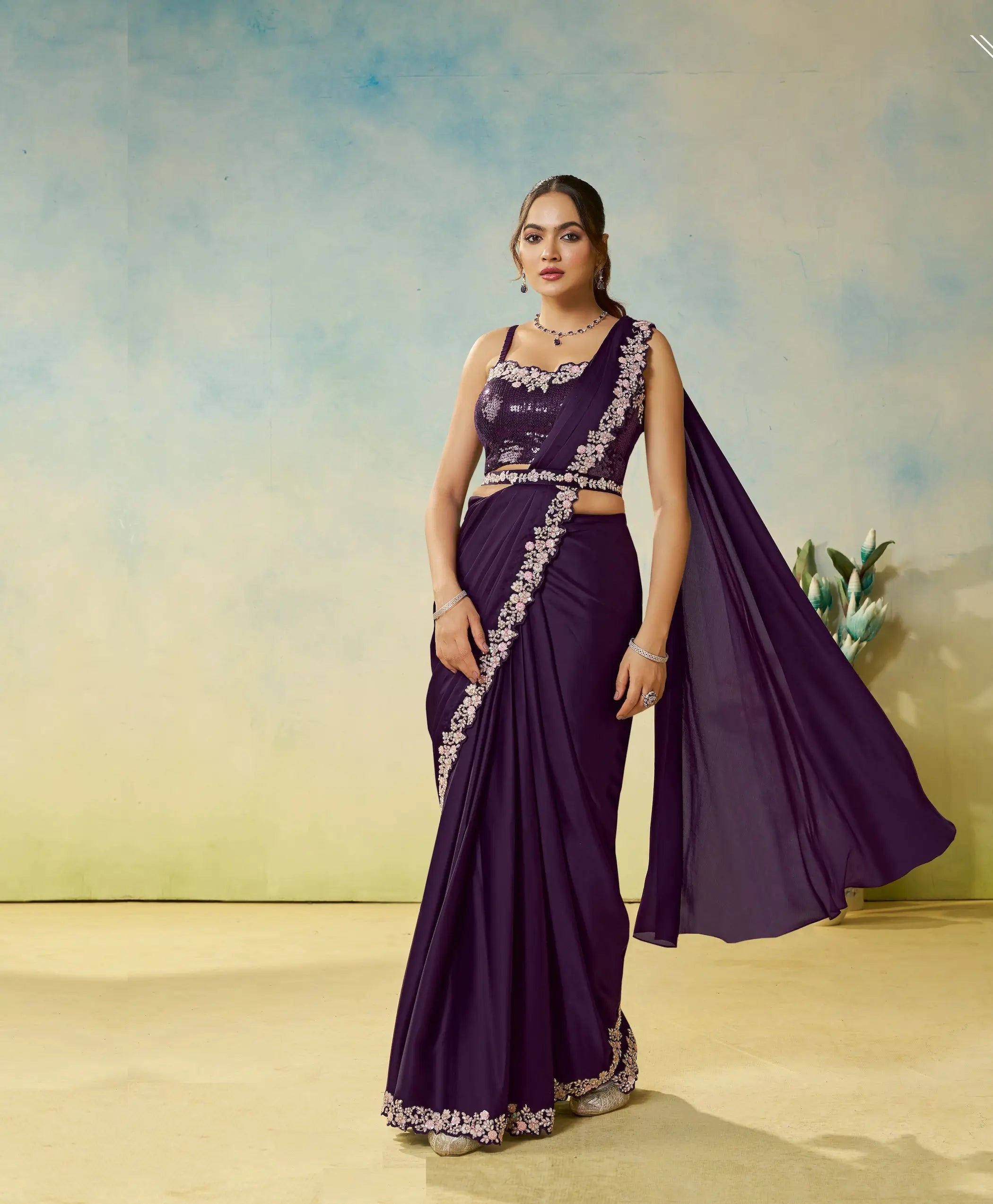 Midnight Purple Embroidery & Hand Work One Minute Saree - qivii