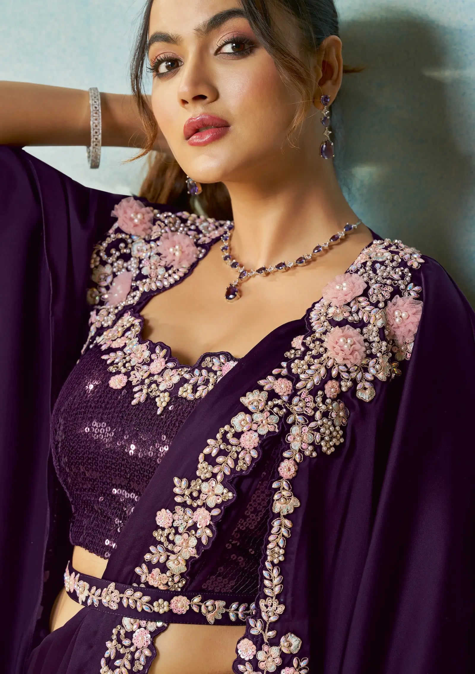 Midnight Purple Embroidery & Hand Work One Minute Saree - qivii