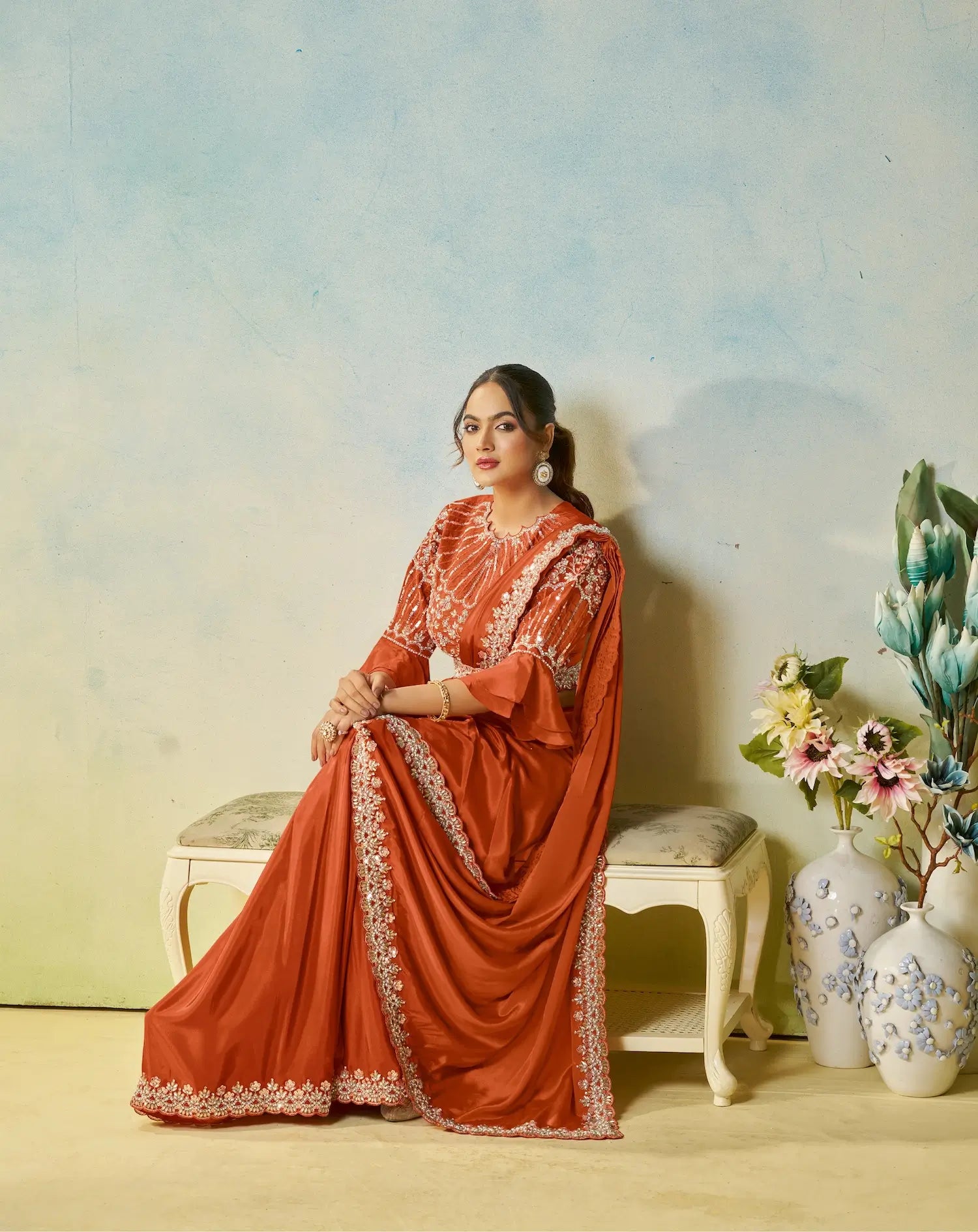 Rust Orange Embroidery & Hand Work One Minute Saree - qivii