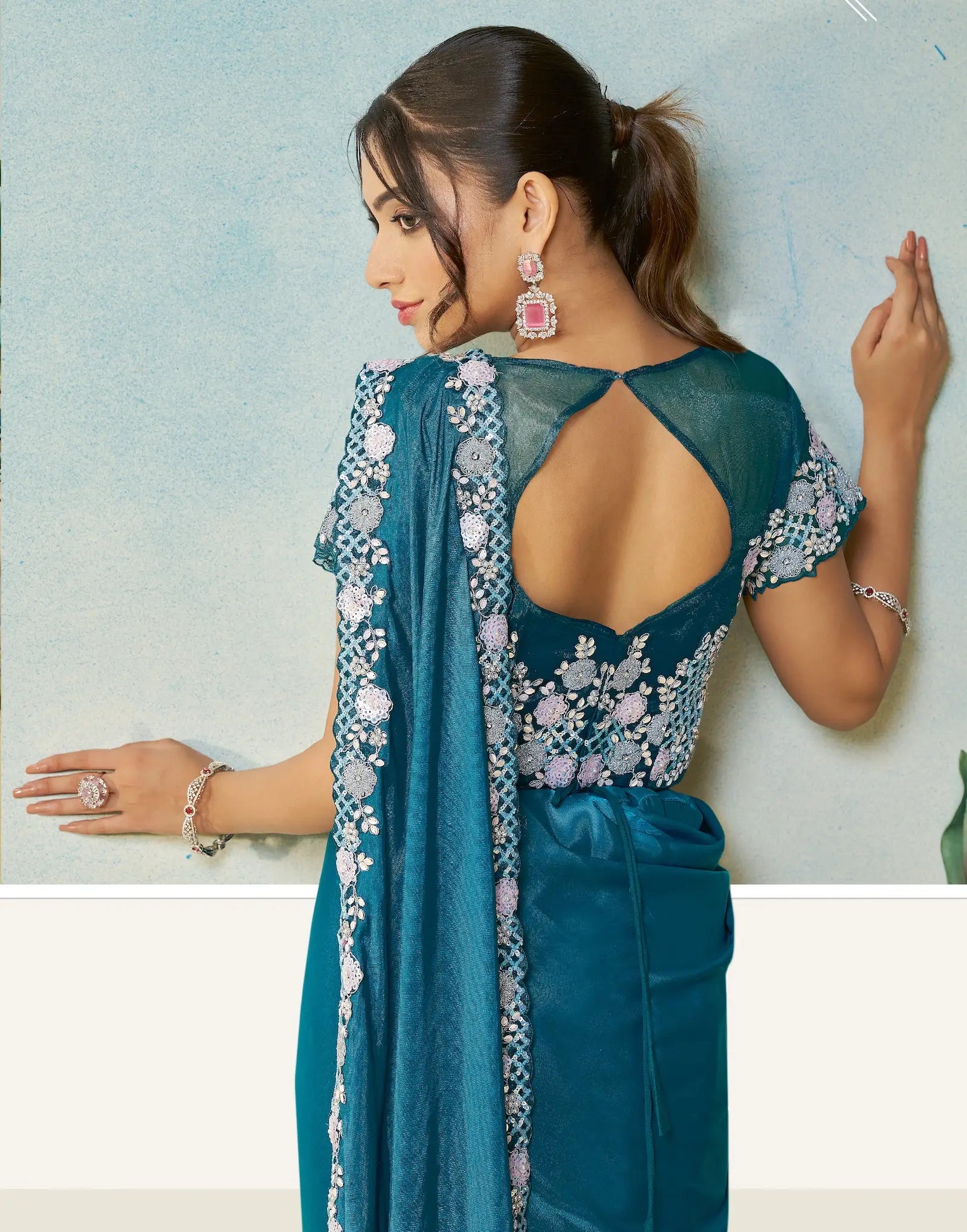 Venice Blue Embroidery & Hand Work One Minute Saree - qivii