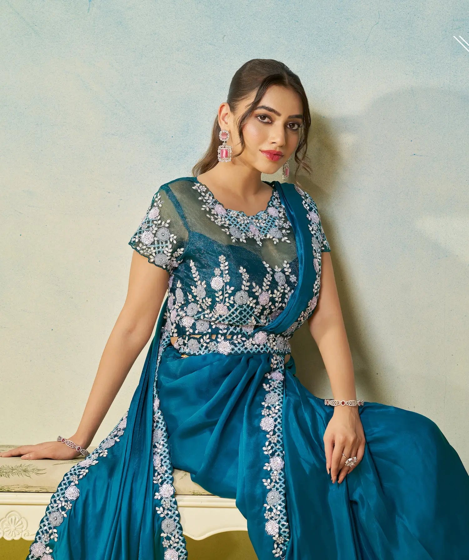 Venice Blue Embroidery & Hand Work One Minute Saree - qivii